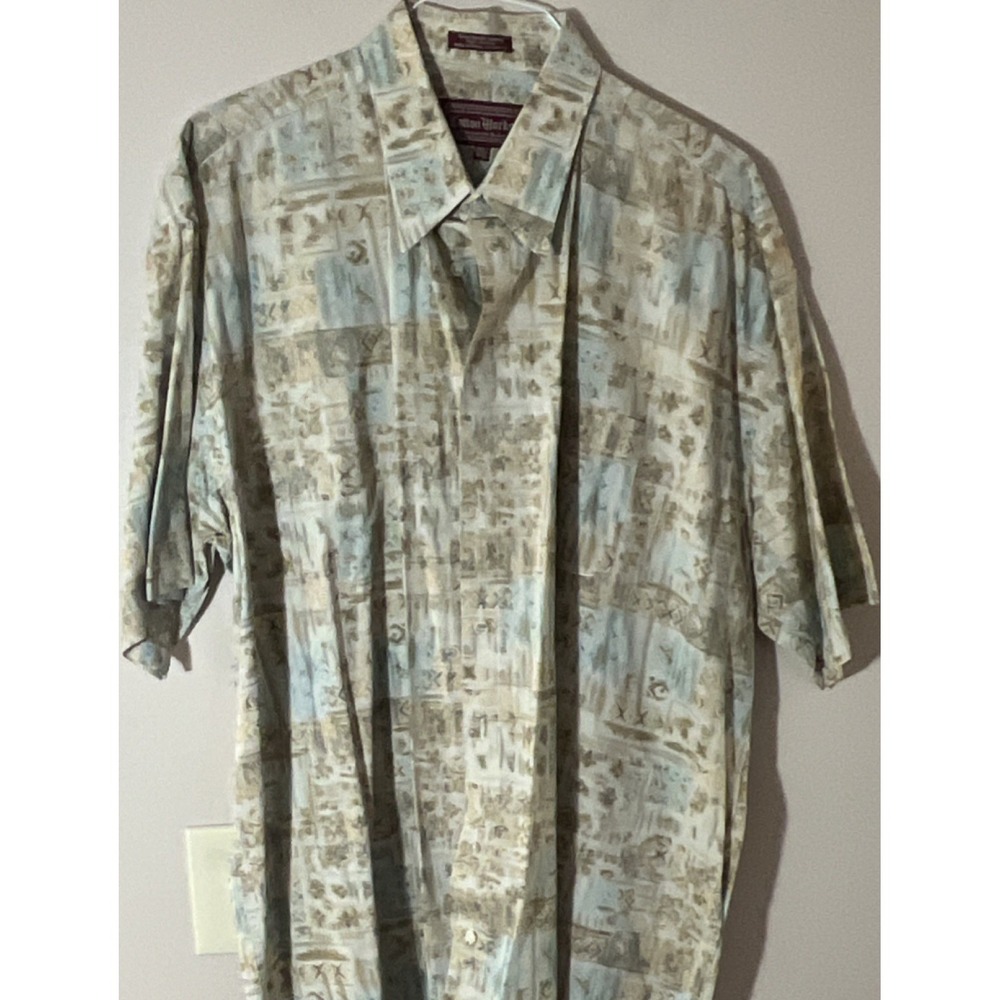 Cotton Works Mens 2XLT Blue Beige Geometric Cotton Short‎ Sleeve Button-Up Shirt